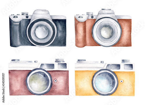 Obraz na płótnie Cameras watercolor clipart set. Vintage retro photocamera hand painted illustration. w salonie