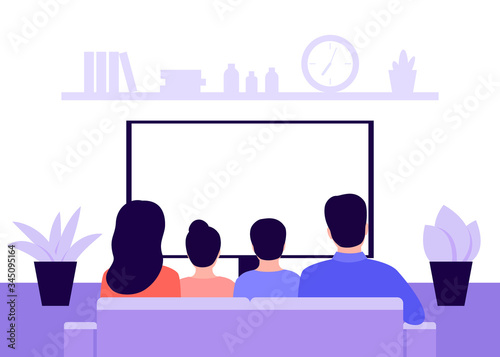 Family couple man, woman and children sitting on sofa at home and watching TV, back view. Living room interior. Rest, recreation, spending time on isolation and quarantine. Vector illustration