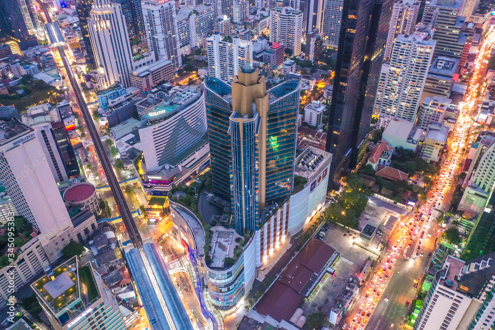 Aerial view of Asoke intersection and sky train station in Bangkok Thailand