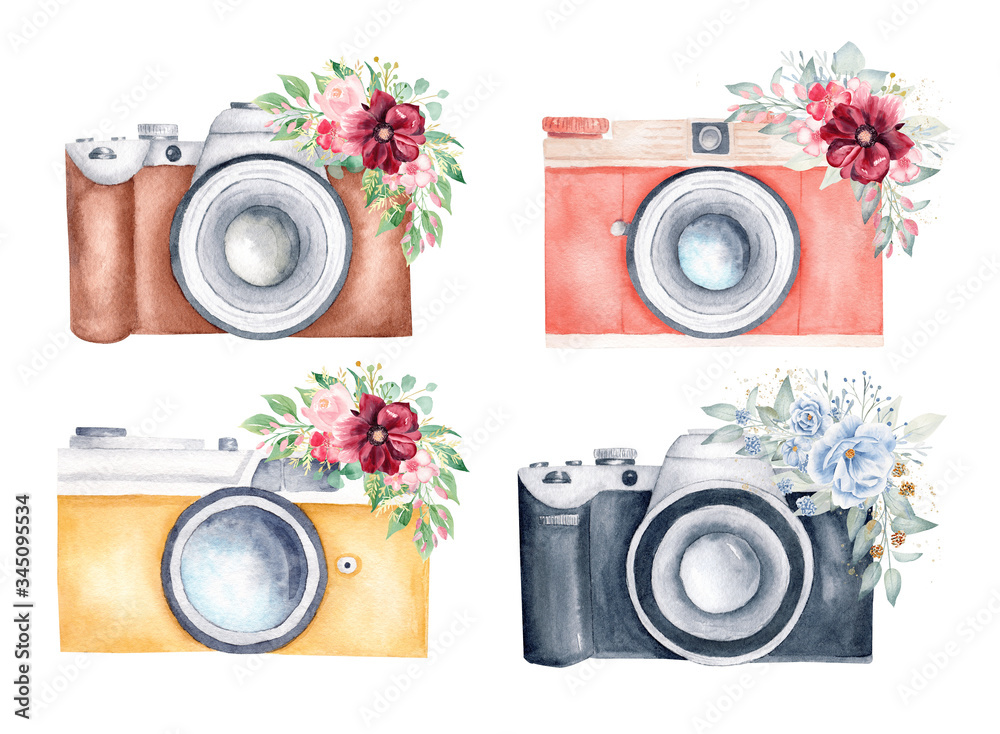 Watercolor set of vintage photo cameras and floral bouquets on white