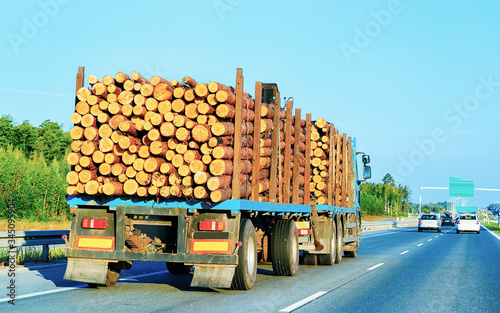 Wood carrier vessel in highway road in Poland reflex
