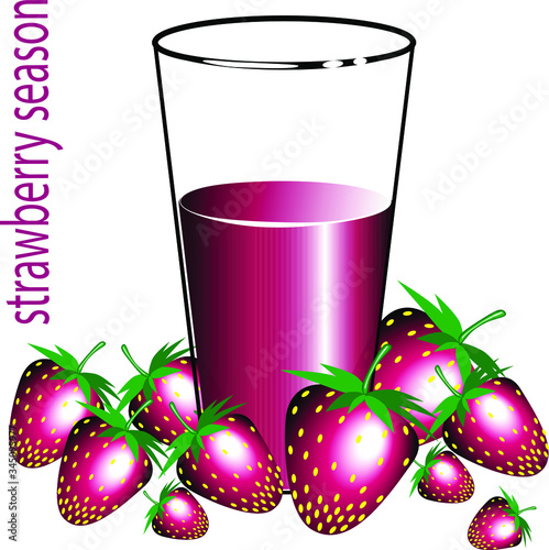
Natural freshly squeezed juice from strawberries in the strawberry season. A glass with juice and a handful of berries.