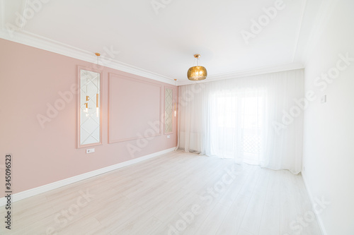 Interior photos for designers and employees. Room with LED lighting and pink wall. Bright room for family, housing and recreation