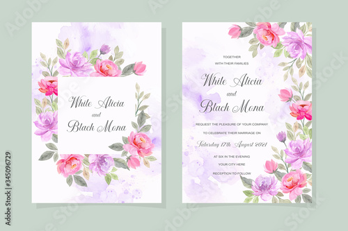 wedding invitation card with soft pink purple floral watercolor
