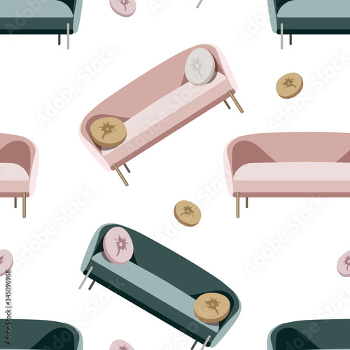 Seamless pattern of furniture  room interior elements. Cartoon stock vector pattern of classic home accessories - sofas, isolated on white background.
