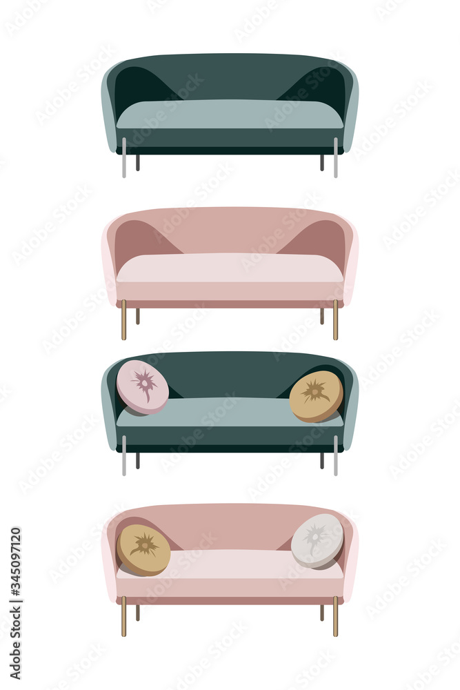 Set of Modern sofas furniture of living room in flat style. Cartoon stock vector icon isolated on white background.