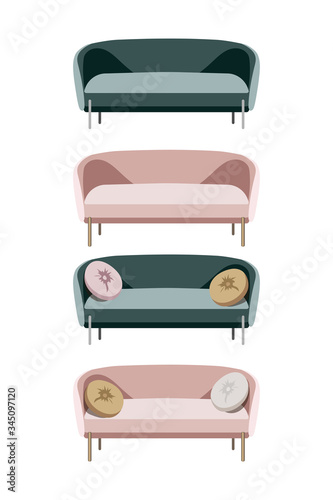 Set of Modern sofas furniture of living room in flat style. Cartoon stock vector icon isolated on white background.