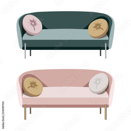 Set of Modern sofas furniture of living room in flat style. Cartoon stock vector icon isolated on white background.