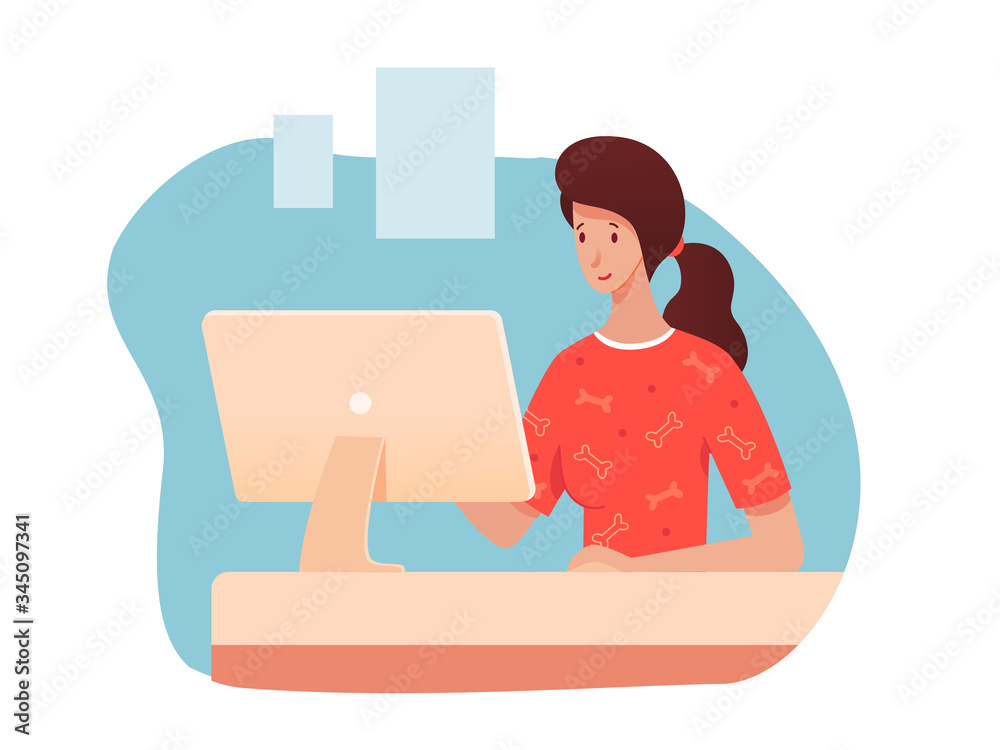 Woman receptionist sit at computer in vet clinic Woman receptionist sit at computer in vet clinic