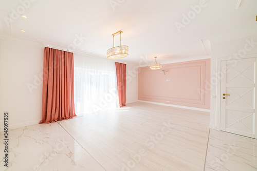 Interior photos for designers and employees. Room with LED lighting and pink wall. Bright room for family  housing and recreation