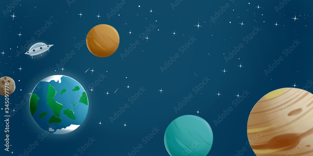 illustration of a spaceship in the outer space with other planets. childrens book