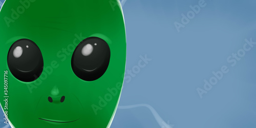 illustration of alien with green face and black eyes. children's books