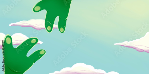 illustration of a two green hand with white cloud and blue sky in the background