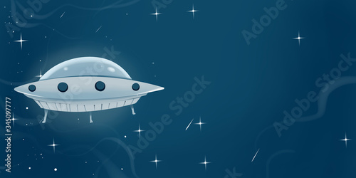 illustration of alien space ship in outer space. children's books