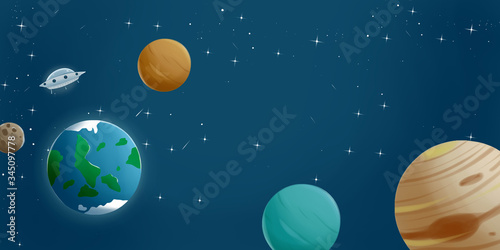 illustration of a spaceship in the outer space with other planets. childrens book