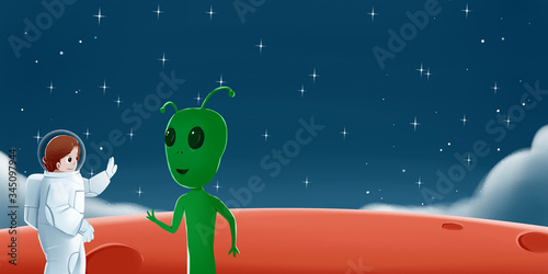illustration of aliens and an astronaut meet at the planet with a background of outer space sky and stars. for children's books