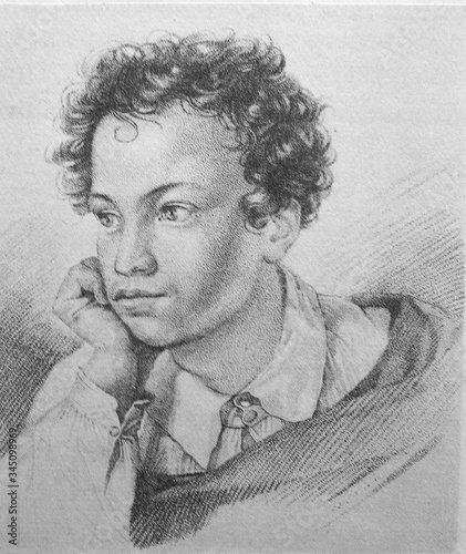 Tableau sur toile Portrait of famous Russian writer and poet Alexander Pushkin in the old book The Engraved Portraits, vol