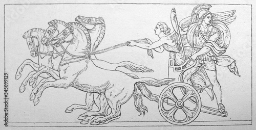 Quadriga of horses with a chariot in the old book Meyers Lexicon, vol. 2, 1897, Leipzig © wowinside