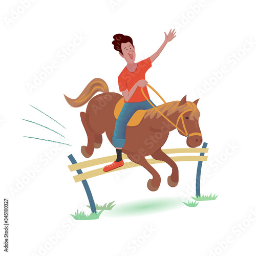 Cheerful man is riding a horse. Vector isolated illustration with texture in cartoon style.