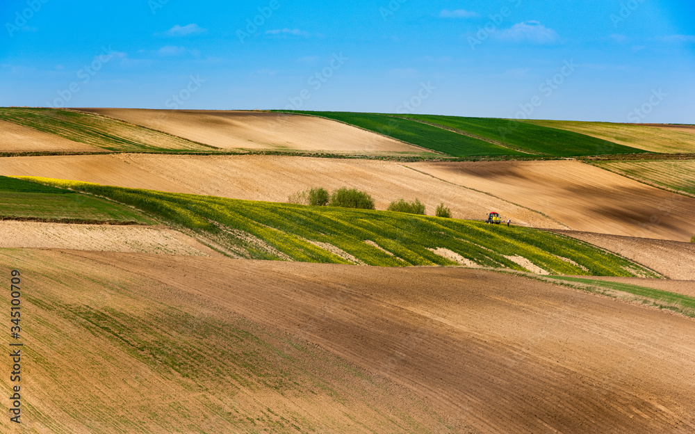 Colorful Farmfields in Coutryside. Farmland and Fields at Rolling Hills