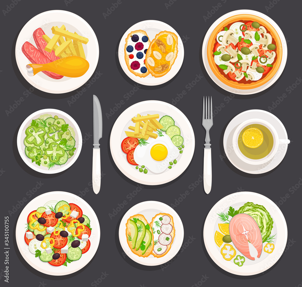 Set of various dishes top view. Plates with food in cartoon style. Food to  choose from for breakfast, lunch and dinner. Ready-made table. Vector  illustration. Flat lay. Stock Vector | Adobe Stock