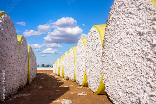 Yellow wrapped bales of cotton