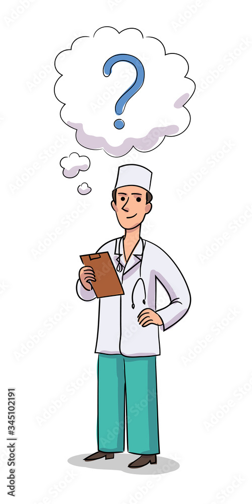 Vector character illustration of thinking doctor holds tablet Vector character illustration of thinking doctor holds tablet