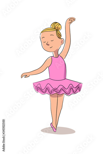 Girl ballerina vector character in pink tutu is dancing. Little dancer performs. Happy childhood, hobby, entertainment, child performance concept.