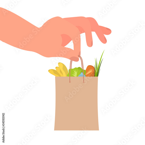 Hand gently holds a paper bag with groceries. Isolated. Vector.
