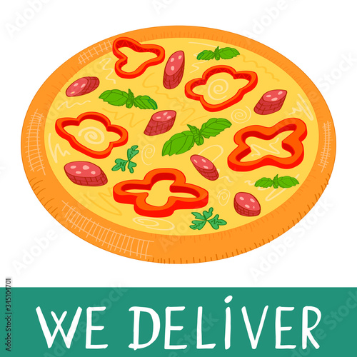 Ordering food online from pizzeria. Food delivery service of restaurant. Vector illustration of pizza isolated on white background. 