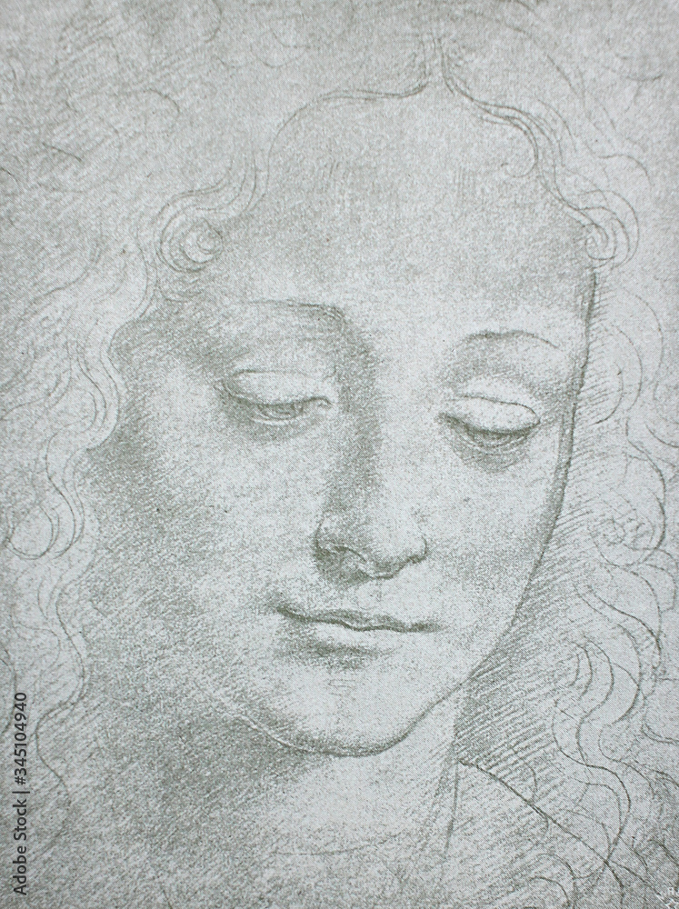 Etudes of young woman by Leonardo Da Vinci in a vintage book Leonard de Vinci, author A. Rosenberg, 1898, Leipzig
