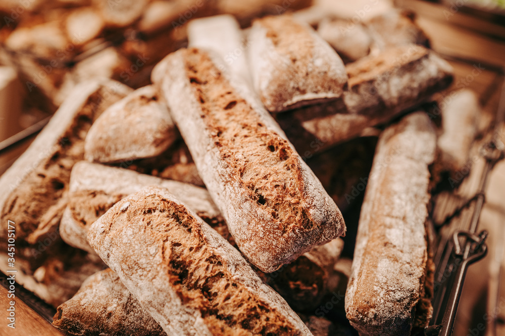Freshly baked french bread at the bakery Freshly baked french bread at the bakery