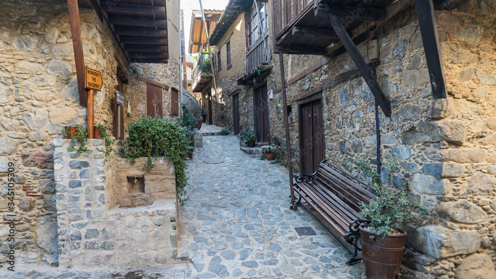 Old hauses and narrow streets of Kakopetria village in Cyprus.