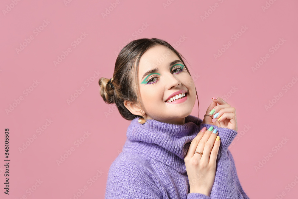 Young woman with beautiful manicure on color background Young woman with beautiful manicure on color background