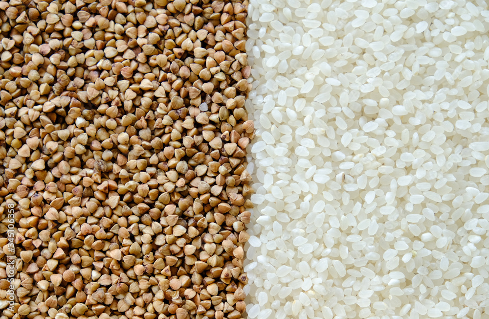 Buckwheat and rice on the table. Cook at home.
Buckwheat and rice on the table. Cook at home.