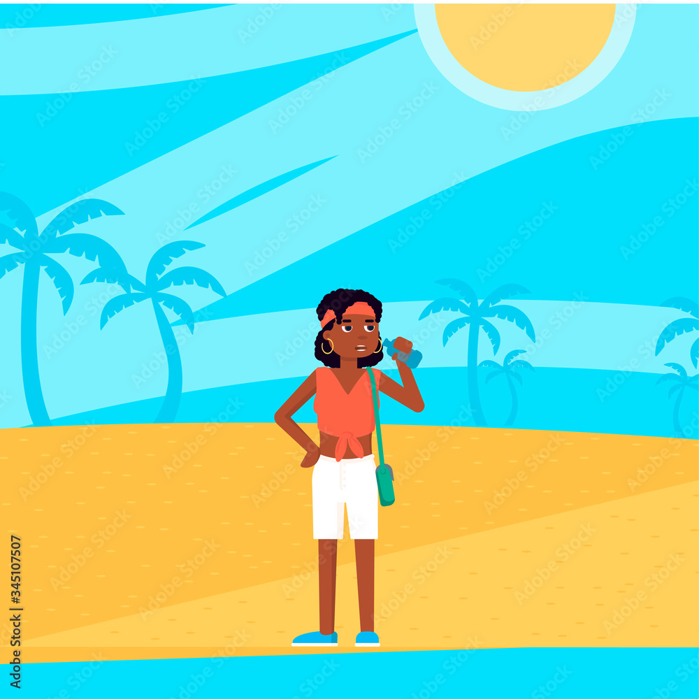 Vector flat character illustration of African woman looking sights Egypt