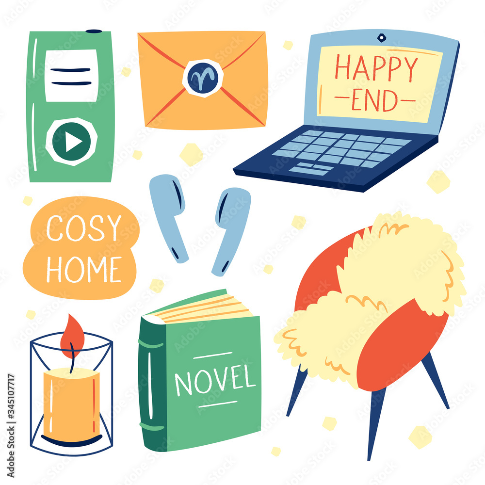 Set of different cute lifestyle items. My house my rules. Laptop. MP3. Cosy  home. Coronavirus pandemic self isolation, protection. Flat colourful  vector illustration icon isolated on white background. Stock Vector | Adobe