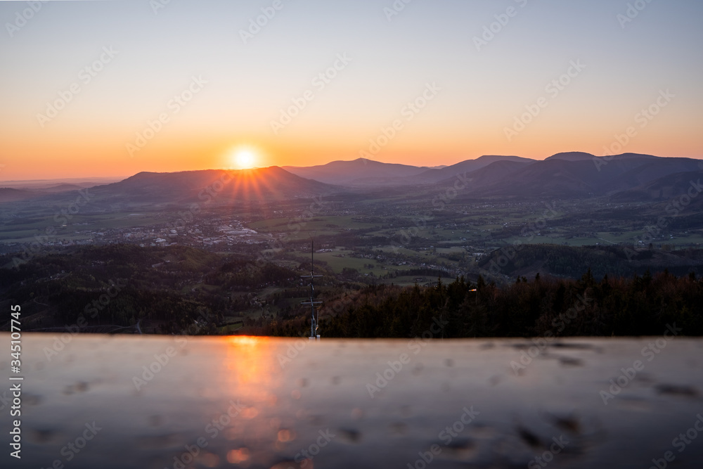 sunrise from the lookout tower on Velky Javornik in Beskydy mountains, Czech