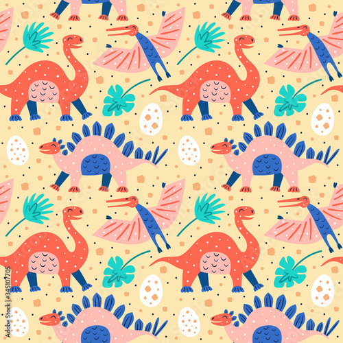 Set of little cute dinosaurs. Diplodocus, pteranodon, stegosaurus, dino eggs. Prehistoric animals. Jurassic world. Flat cartoon colourful vector hand drawn seamless pattern, texture.