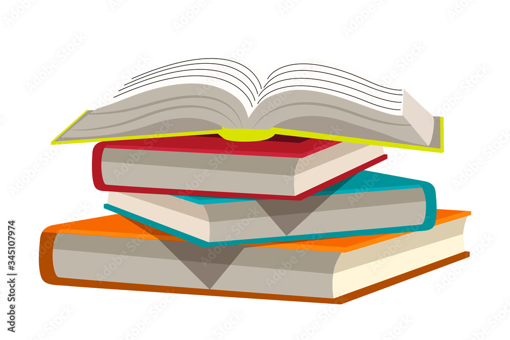 Vector flat illustration of stack of books, open textbook Vector flat illustration of stack of books, open textbook