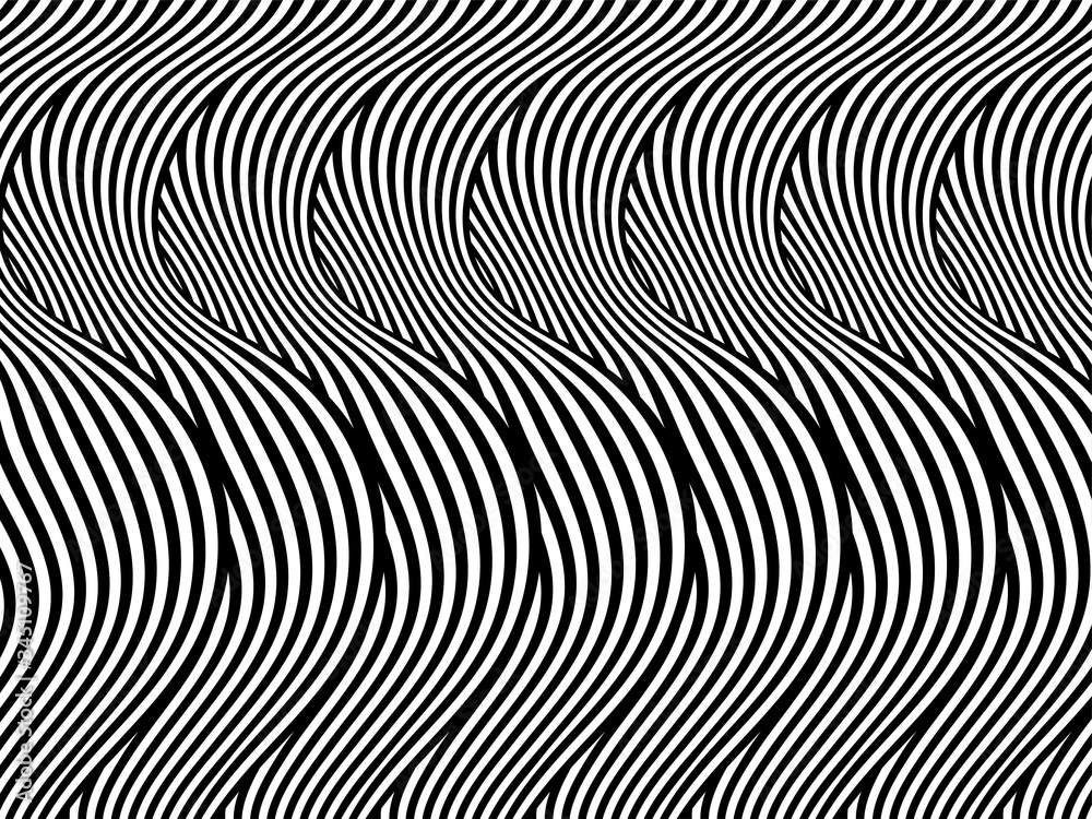 Abstract background with black and white striped, futuristic waves. Geometrical pattern. Vector illustration