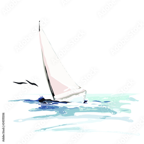 Sea boat on water with birds on background