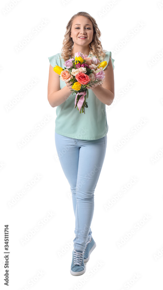 Beautiful young woman with bouquet of flowers on white background