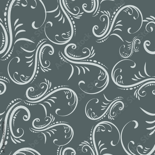 Luxury silver floral vintage wallpaper. Swirls seamless ornament in gray color