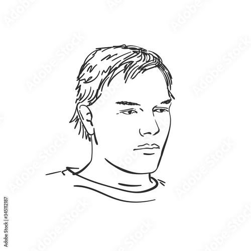 Portrait of young thinking man, with shaggy hair and with tired look, Hand drawn vector sketch