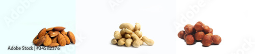 Three piles of nuts - hazelnut, almond, cashew isolated on white background. Image contains copy space