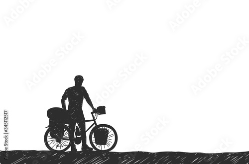 Bikepacking. Traveling man standing with touring bicycle with bags silhouette hand drawn vector