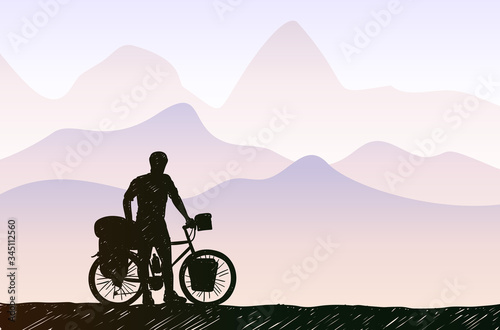 Bikepacking in mountain landscape. Traveling man standing with touring bicycle with bags silhouette hand drawn vector