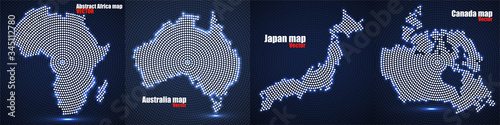 Set map of glowing radial dots Africa, Australia Japan and Canada. Vector illustration