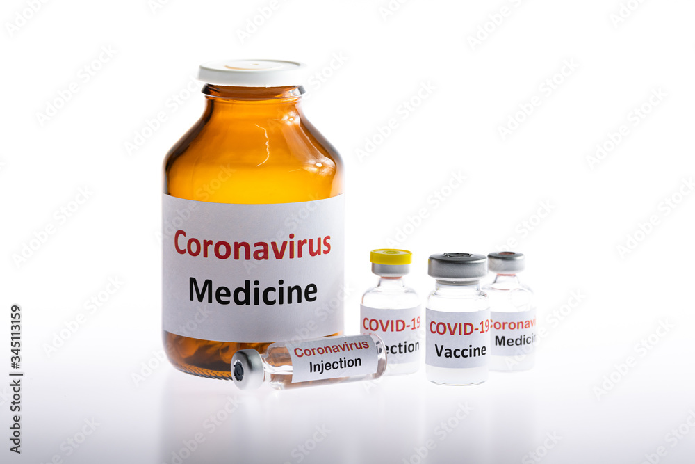 Coronavirus, covid-19 vaccine vial injection on white background